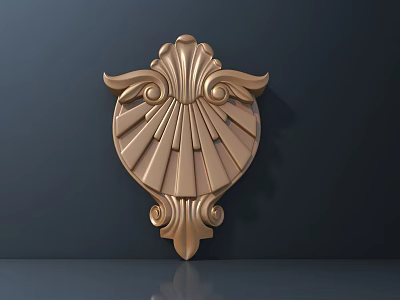 Golden Decorative Sculpture Carving Featuring Shell Shaped Center and Scroll Patterns on Dark Background 3d model