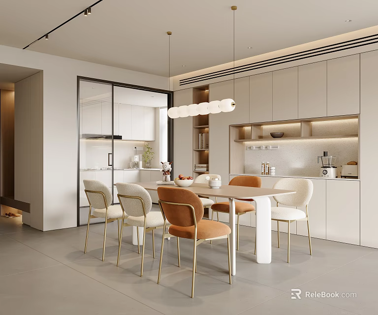 Modern Restaurant Interior With Open Concept Dining Table Gold Chairs And White Cabinets 3d model