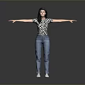 Cute Child Standing With Arms Outstretched In Checkered Top Blue Jeans And White Shoes