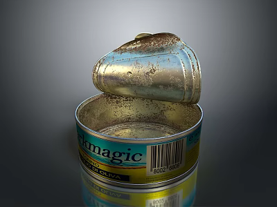 Open Rusty Canned Food Can With Ermagic Brand Label And Barcode 3d model
