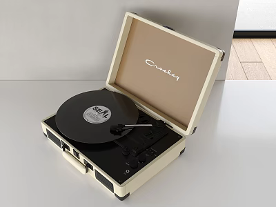 Crosley Open Record Player With Cream And Black Case And Vinyl Record On White Table 3d model