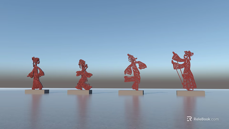 Garden Ornaments Featuring Red Cut Out Figures in Various Traditional Poses on Pedestals 3d model 