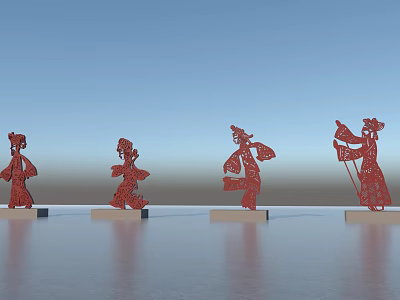 Garden Ornaments Featuring Red Cut Out Figures in Various Traditional Poses on Pedestals 3d model
