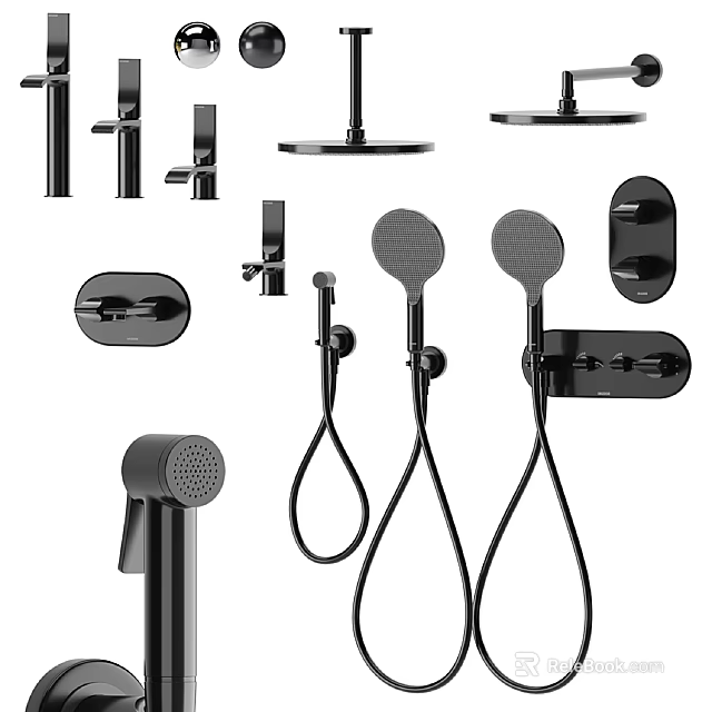 Modern Black Bathroom Fixture Set With Shower Heads Faucets And Handheld Sprayers 3d model 