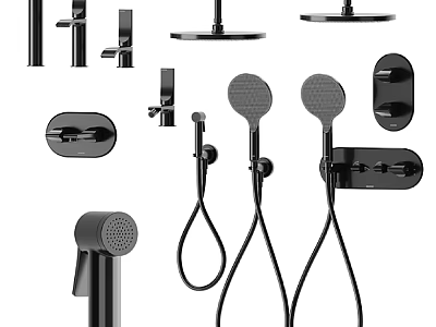 Modern Black Bathroom Fixture Set With Shower Heads Faucets And Handheld Sprayers 3d model
