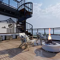Stylish Terrace Garden With Spiral Staircase Fire Pit Chairs Water Features And Lush Plants