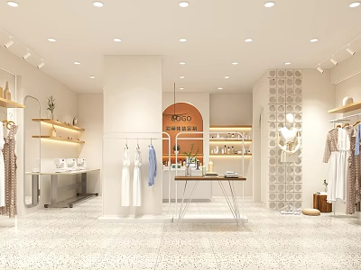 Stylish Clothing Store Interior With Hanging Dresses Display Shelves And Lighting 3d model
