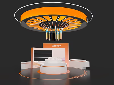 Zelkova Exhibition Island With Circular Design Orange Lighting And White Display Platforms 3d model