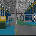 Spacious Factory Interior With High Ceiling Windows Blue Green Floors Yellow Accents And Machinery
