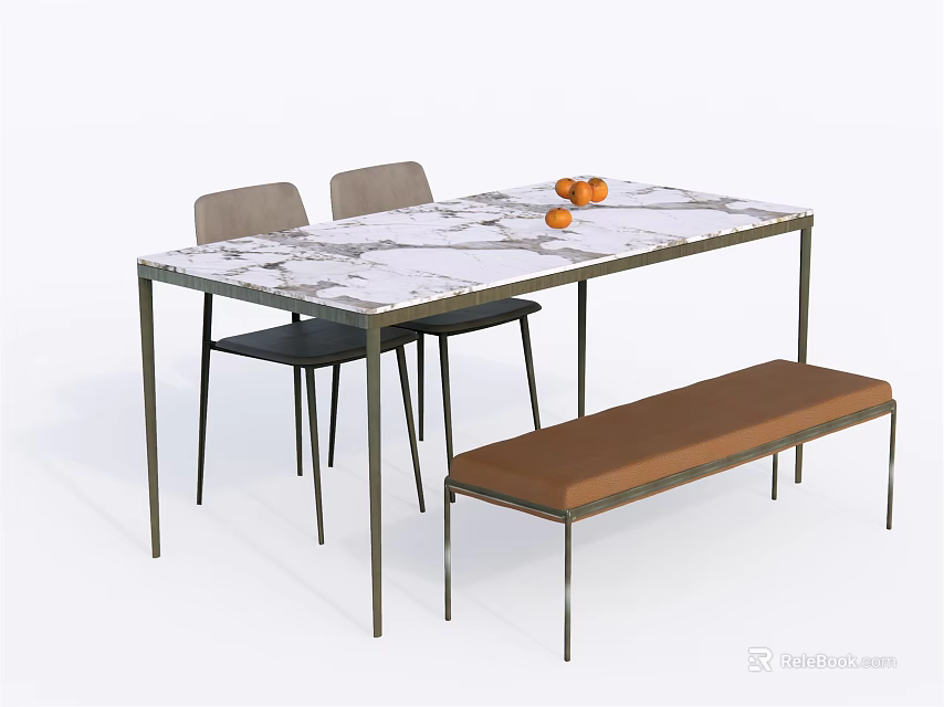 Elegant Dining Table Set With Marble Top Two Chairs And Brown Bench 3d model