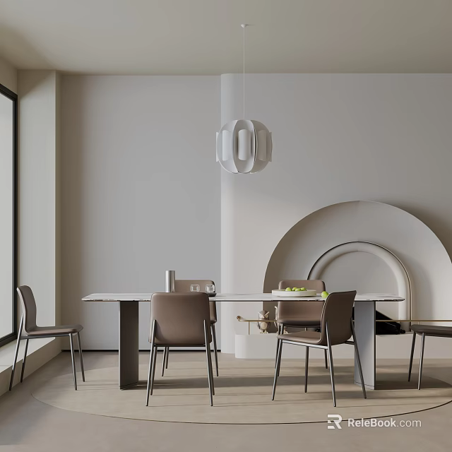 Modern Dining Table Set With Chairs White Pendant Light And Arched Wall Interior Design 3d model