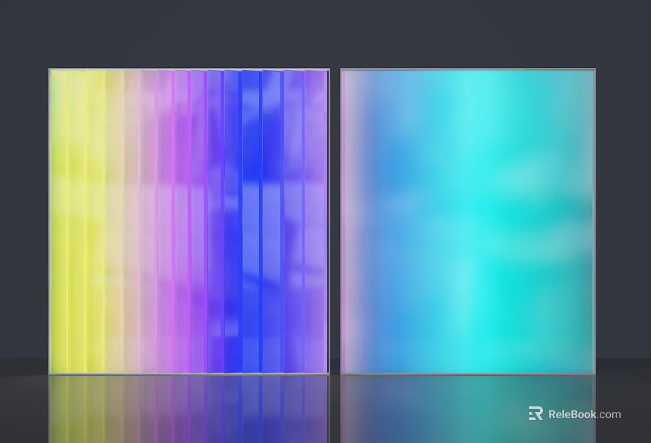 Two Colorful Transparent Panels With Striped Multicolor And Gradient Blue Green Patterns On Reflective Surface 3d model 