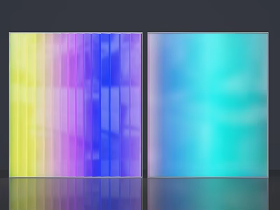 Two Colorful Transparent Panels With Striped Multicolor And Gradient Blue Green Patterns On Reflective Surface 3d model