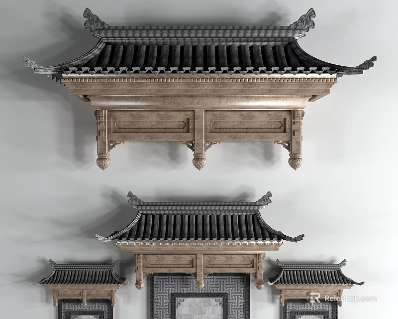 Traditional Chinese Architectural Components With Classic Roof Tiles Carved Beams And Supporting Columns 3d model 