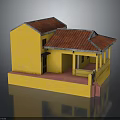 Traditional Yellow Building With Red Roof And Ornate Wooden Porch Structure