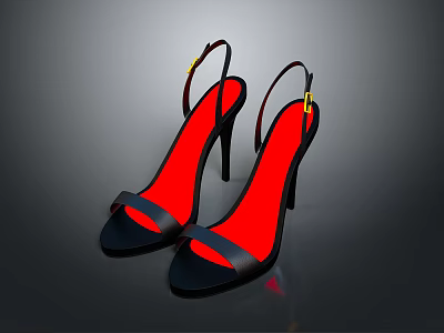 Black High Heels With Red Inner Sole Stiletto Heel Ankle Strap And Yellow Buckle Design 3d model