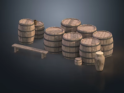 Rustic Wooden Barrels And Bench Collection For Home Decor And Storage 3d model