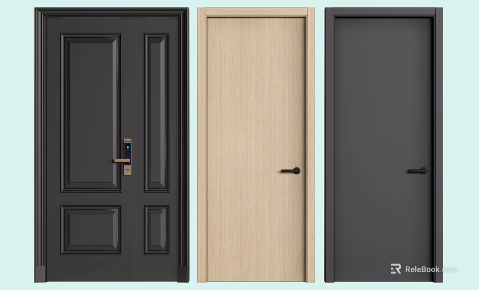 Modern Hinged Doors In Black Light Beige Dark Gray With Double Single Panel Designs 3d model
