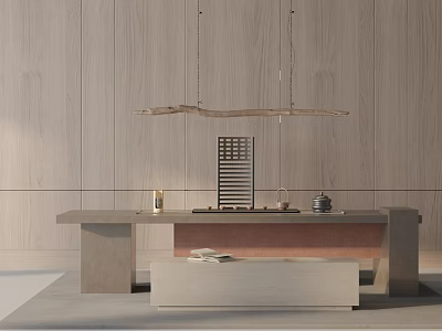 Modern Minimalist Tea Table and Chairs with Stone Top Wooden Wall and Hanging Pendant Light 3d model