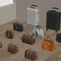Fashionable Luggage and Bags Various Styles Different Colors Displayed in Room Corner on Wooden Floor
