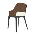 Modern Curved Back Dining Chair Upholstered In Brown Beige Fabric With Black Metal Legs
