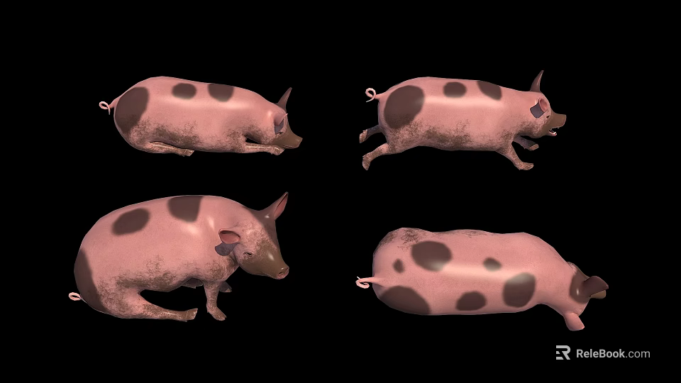 Four Pink Pigs With Black Spots In Different Poses On Black Background 3d model 