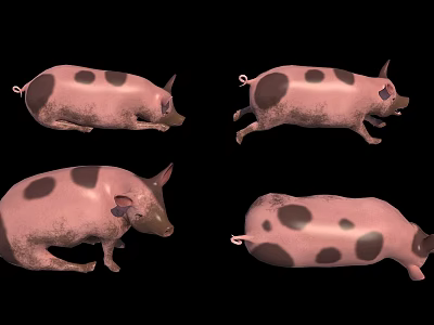 Four Pink Pigs With Black Spots In Different Poses On Black Background 3d model