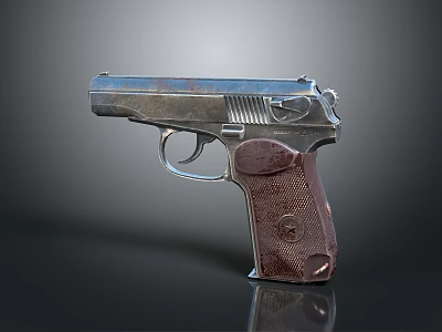 Vintage Pistol Featuring Silver Metal Brown Leather Grip Shiny Surface On Dark Reflective Background 3d model