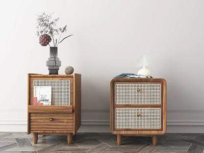 Two Wooden Bedside Tables With Rattan Drawers Vase Lamp Dried Flowers And Decor 3d model