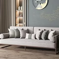 Light Beige Multi Person Sofa With Gray Beige Pillows Dark Frame And Wall Decor 3d model