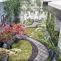 Tranquil Courtyard Garden Featuring Bamboo Red Leaf Tree Decorative Rocks Winding Path And Modern Building