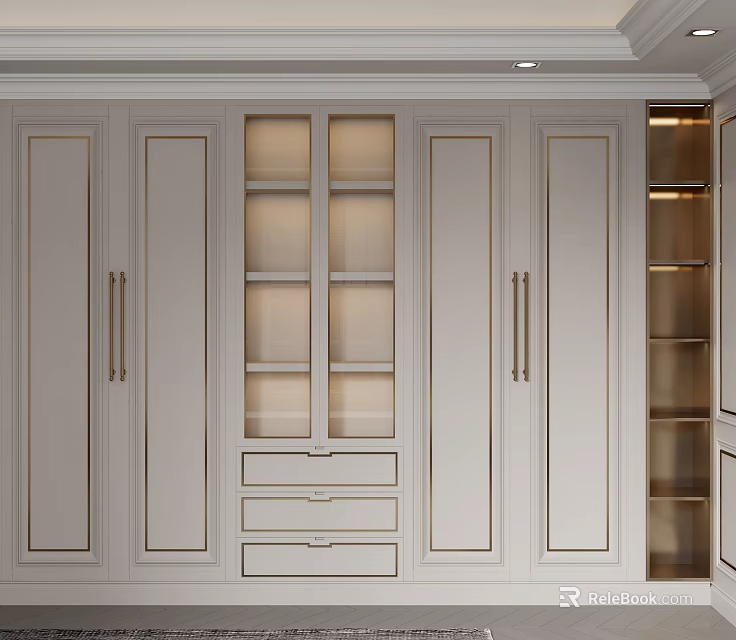 Modern White Wardrobe Design With Glass Doors Drawers And Metal Handles 3d model 