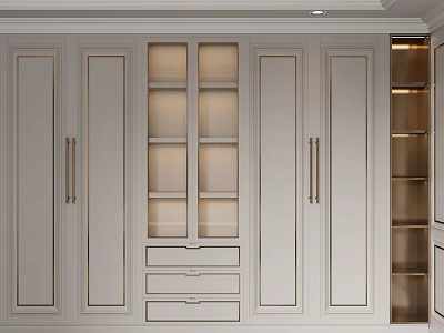 Modern White Wardrobe Design With Glass Doors Drawers And Metal Handles 3d model
