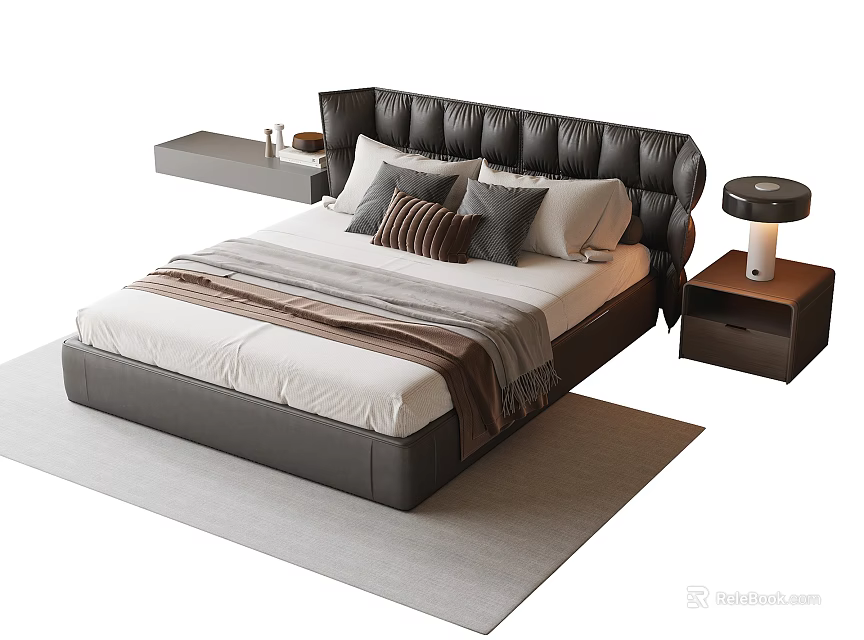 Elegant Double Bed With Leather Headboard Multiple Pillows Striped Blanket Bedside Lamp And Side Tables 3d model 