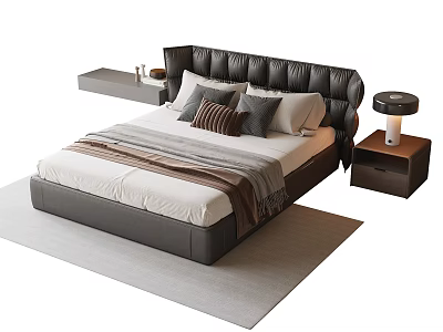 Elegant Double Bed With Leather Headboard Multiple Pillows Striped Blanket Bedside Lamp And Side Tables 3d model