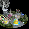 Fun Amusement Park Featuring Ferris Wheel Carousel Colorful Buildings Trees And Lamp Posts