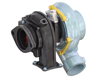 High Performance Industrial Turbocharger Featuring Black Metal Housing Light Blue Casing and Yellow Fasteners 3d model