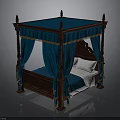 Dark Wooden Carved Four Poster Bed with Blue Canopy Drapes Gold Trim and White Pillows