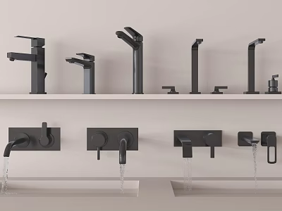 Stylish Modern Faucets In Various Designs Displayed On Shelf For Bathroom Kitchen 3d model