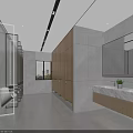Modern Public Restroom Interior Featuring Marble Countertops Wooden Cabinets and Large Mirrors