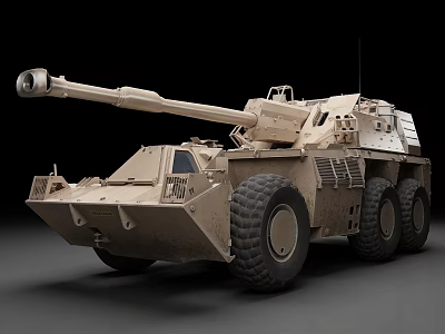 Sand Colored Wheeled Armored Military Weapon Vehicle Featuring Main Cannon And Armor Plating 3d model