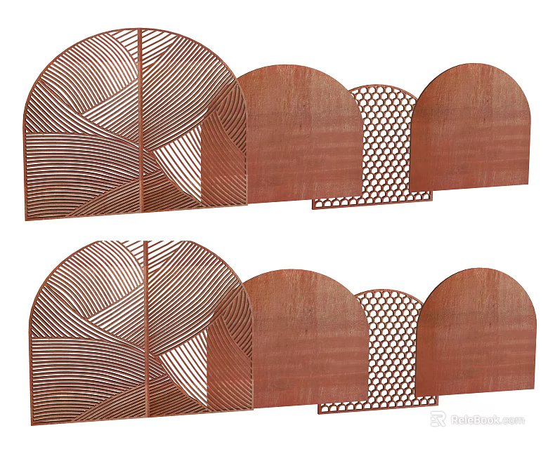 Rust Colored Metal Room Dividers With Arched Design And Intricate Cutout Patterns 3d model 