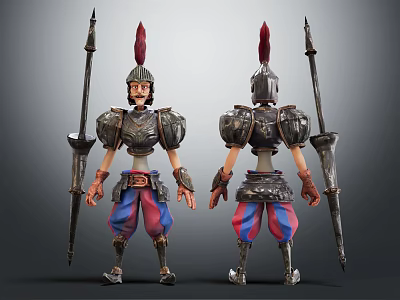 Medieval Knight Double View Design With Armor Spear And Red Blue Striped Pants 3d model