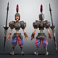 Medieval Knight Double View Design With Armor Spear And Red Blue Striped Pants