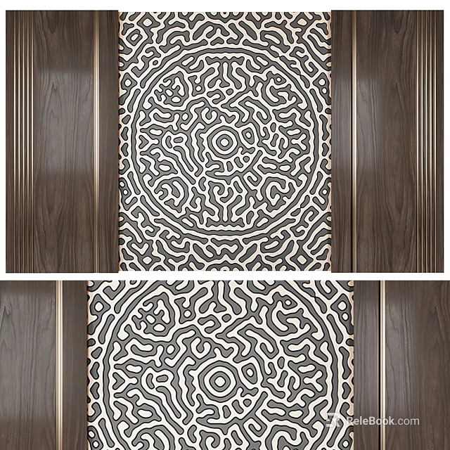 Ornate Wall Design Featuring Intricate Circular Pattern Wooden Panels And Metal Frames 3d model