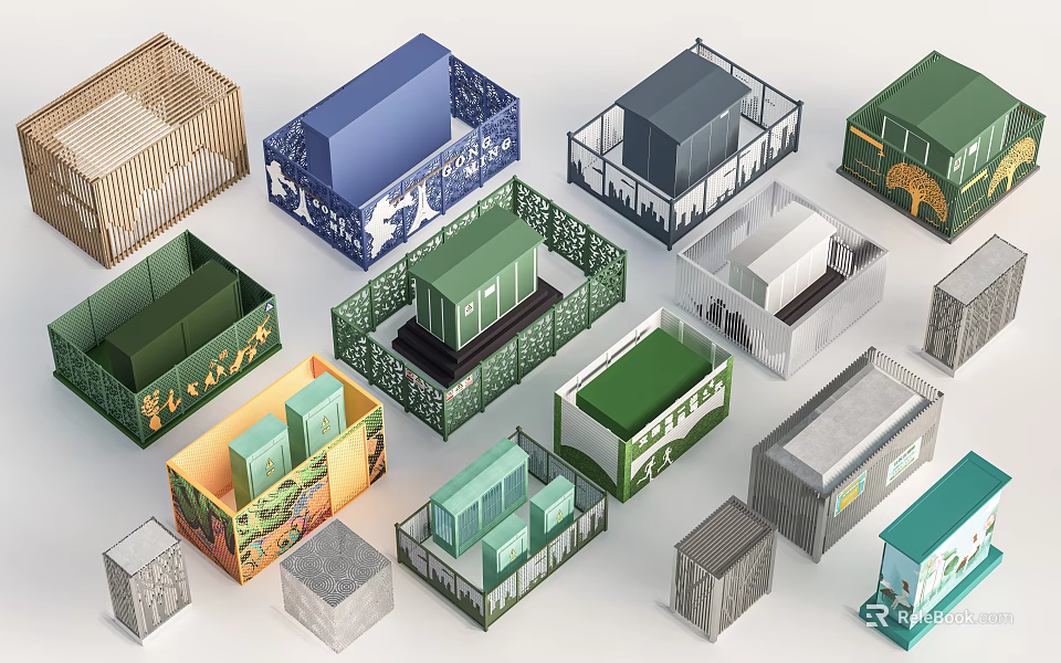 Colorful Public Facilities Models With Various Designs Decorative Fences And Different Shaped Roofs 3d model 
