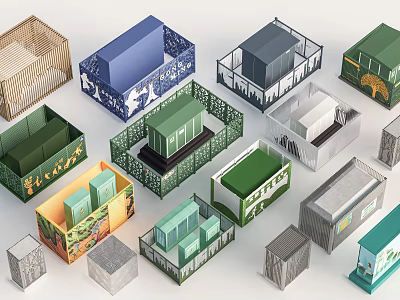Colorful Public Facilities Models With Various Designs Decorative Fences And Different Shaped Roofs 3d model