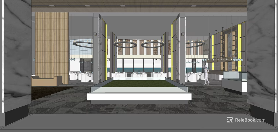Modern Sales Office Interior Design With Spacious Space Circular Chandeliers And Central Lawn Area 3d model 
