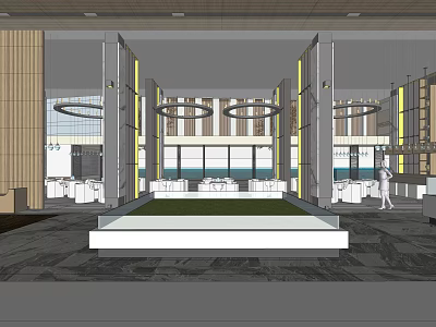 Modern Sales Office Interior Design With Spacious Space Circular Chandeliers And Central Lawn Area 3d model