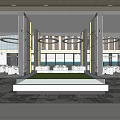 Modern Sales Office Interior Design With Spacious Space Circular Chandeliers And Central Lawn Area